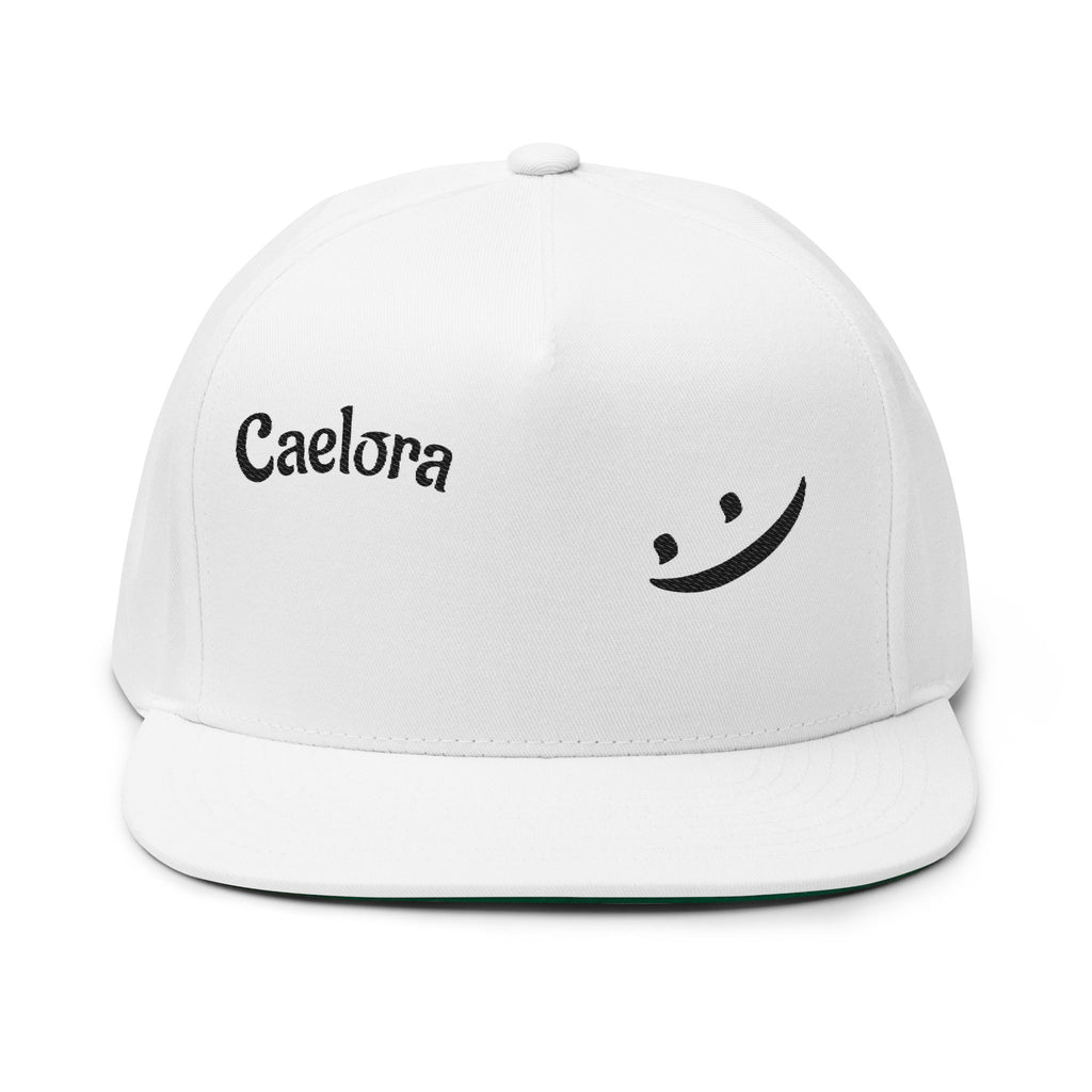 Embroidered Flat Bill Cap — "Caelora" Script with Minimal Smile Logo