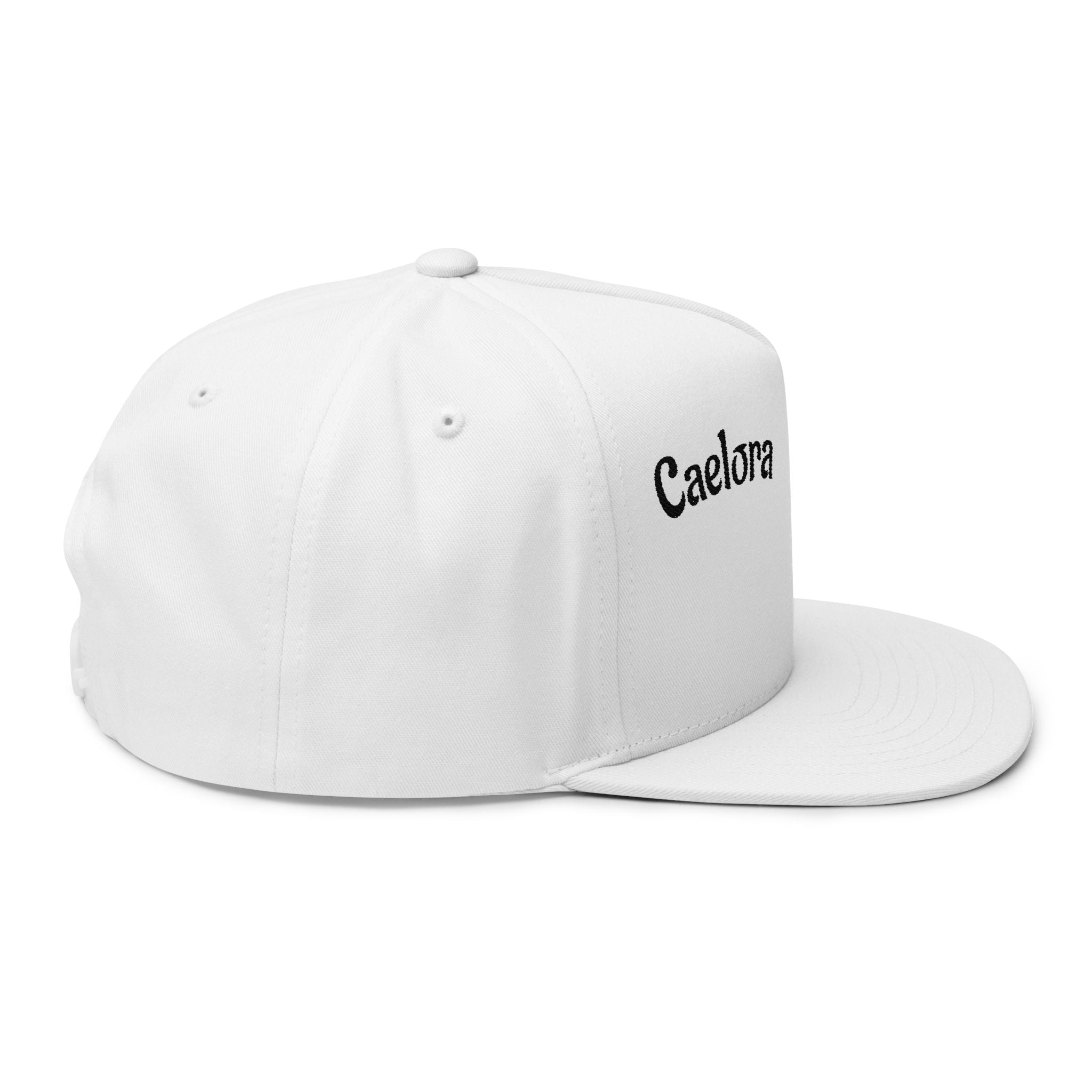 Embroidered Flat Bill Cap — "Caelora" Script with Minimal Smile Logo